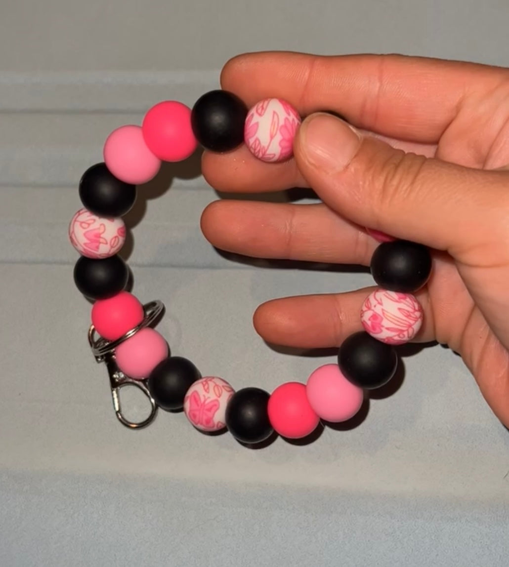 Pink Floral - Beaded Keyring Wristlet