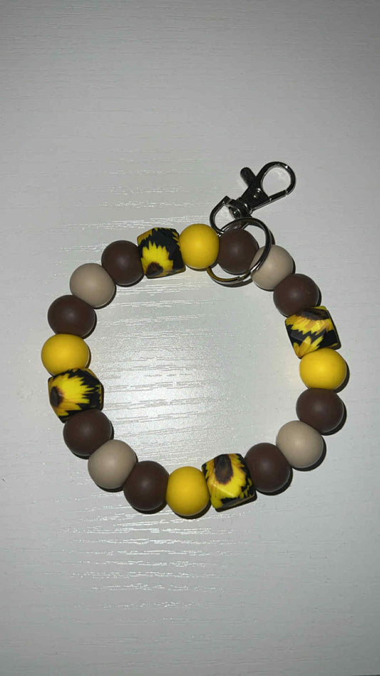 Brown Sunflower - Beaded Keyring Wristlet