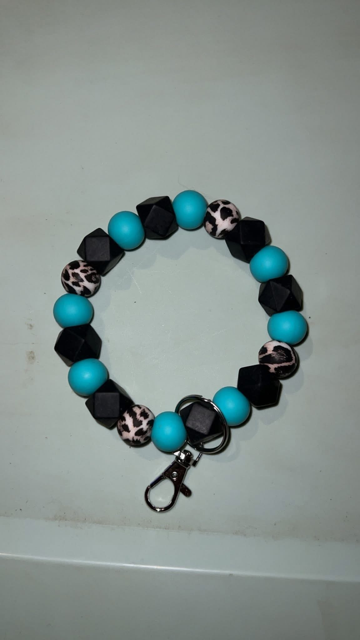 Teal Leopard - Beaded Keyring Wristlet