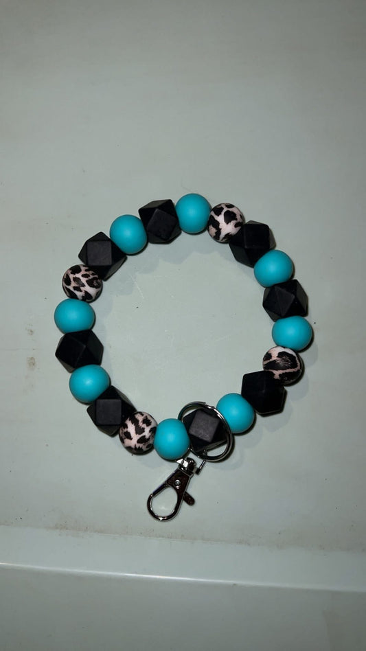 Teal Leopard - Beaded Keyring Wristlet